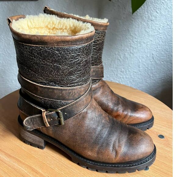 Ross & Snow Emilina Bomber Moto Distressed Leather Shearling Boots - Picture 3 of 10